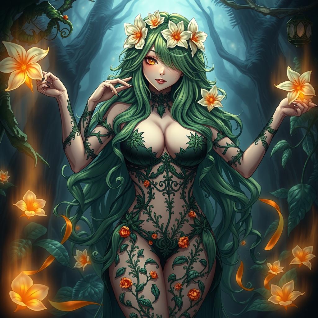 A striking gothic anime depiction of a dominant plant girl, featuring long, wavy green hair beautifully embellished with cream white flowers