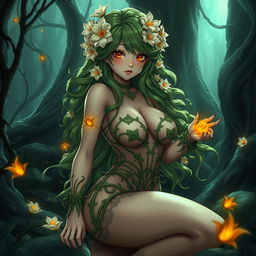 An alluring gothic anime depiction of a plant girl, showcasing her long, wavy green hair adorned with cream white flowers