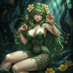 An alluring gothic anime depiction of a plant girl, showcasing her long, wavy green hair adorned with cream white flowers
