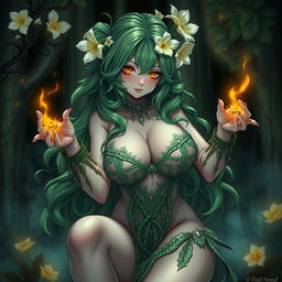 An alluring gothic anime depiction of a plant girl, showcasing her long, wavy green hair adorned with cream white flowers