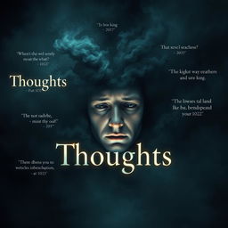 An expressive and dramatic portrayal of 'Thoughts' surrounded by confusion, pressure, and sadness, featuring a human head at the center