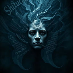 An expressive and dramatic portrayal of 'Thoughts' surrounded by confusion, pressure, and sadness, featuring a human head at the center