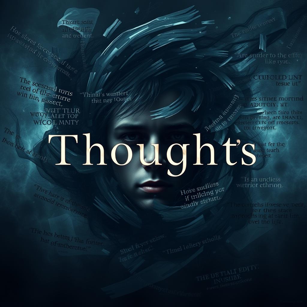 An expressive and dramatic portrayal of 'Thoughts' surrounded by confusion, pressure, and sadness, featuring a human head at the center