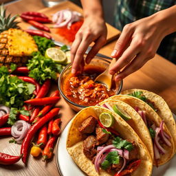 A vibrant, colorful scene depicting the preparation of authentic Tacos al Pastor