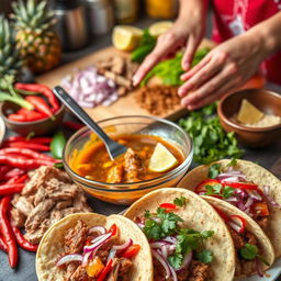 A vibrant, colorful scene depicting the preparation of authentic Tacos al Pastor