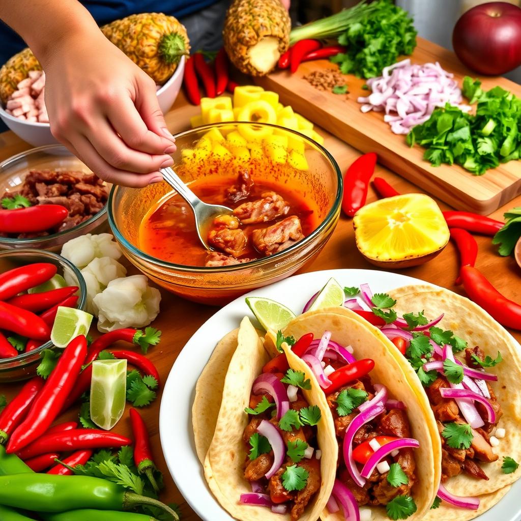 A vibrant, colorful scene depicting the preparation of authentic Tacos al Pastor