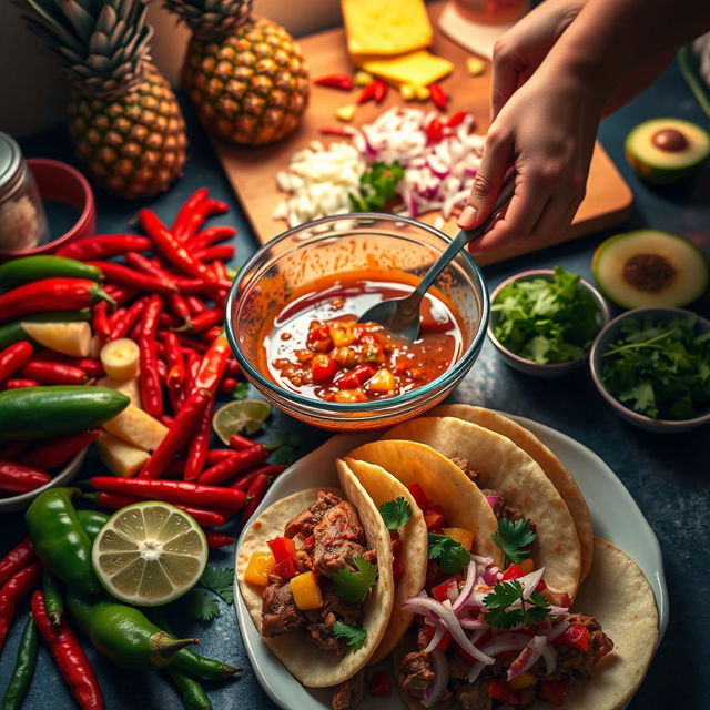 A vibrant, colorful scene depicting the preparation of authentic Tacos al Pastor