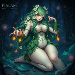 A captivating gothic dominant anime plant girl, showcasing her voluptuous figure with big breasts and thick thighs