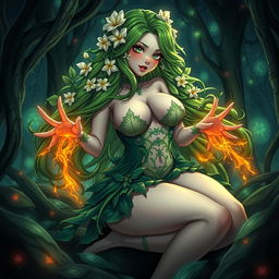 A captivating gothic dominant anime plant girl, showcasing her voluptuous figure with big breasts and thick thighs