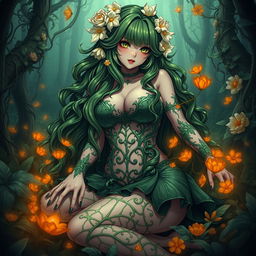 A striking gothic dominant anime plant girl with a voluptuous figure, featuring big breasts and thick thighs