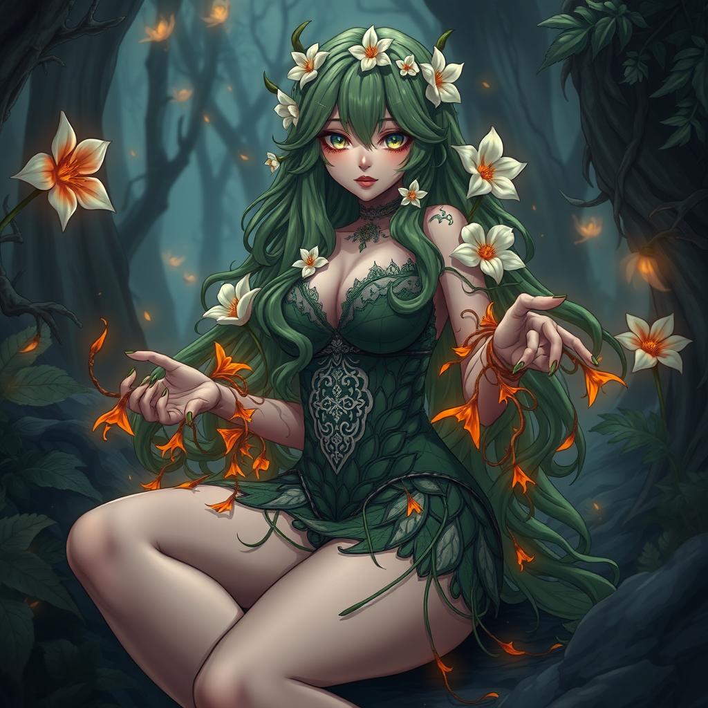 A striking gothic dominant anime plant girl with a voluptuous figure, featuring big breasts and thick thighs