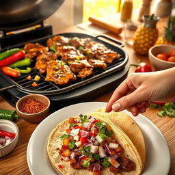 An engaging, visually appealing image showcasing the process of making authentic Tacos al Pastor at home