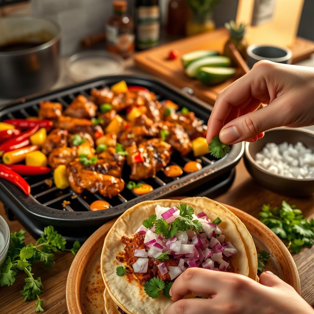 An engaging, visually appealing image showcasing the process of making authentic Tacos al Pastor at home