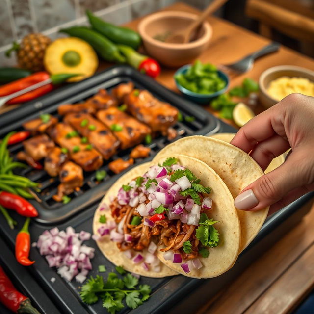 An engaging, visually appealing image showcasing the process of making authentic Tacos al Pastor at home
