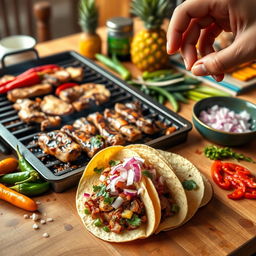An engaging, visually appealing image showcasing the process of making authentic Tacos al Pastor at home