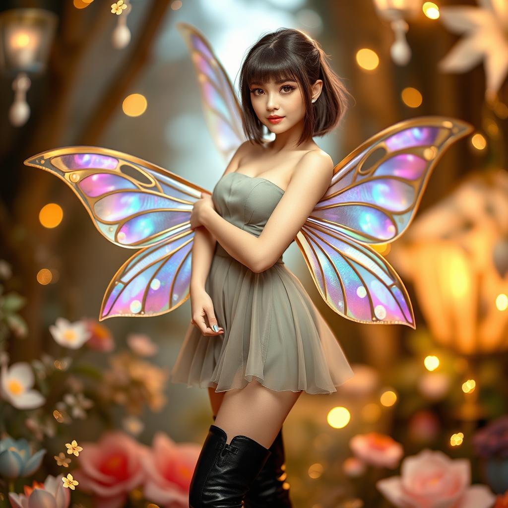 A striking female fairy with brown eyes and straight brown hair, showcasing a bold makeup look that enhances her features