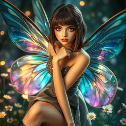 A striking female fairy with brown eyes and straight brown hair, showcasing a bold makeup look that enhances her features