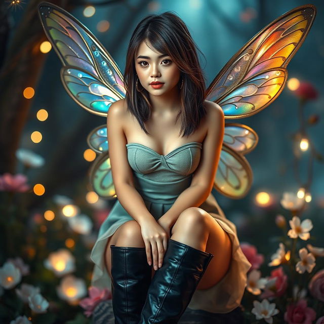 A striking female fairy with brown eyes and straight brown hair, showcasing a bold makeup look that enhances her features