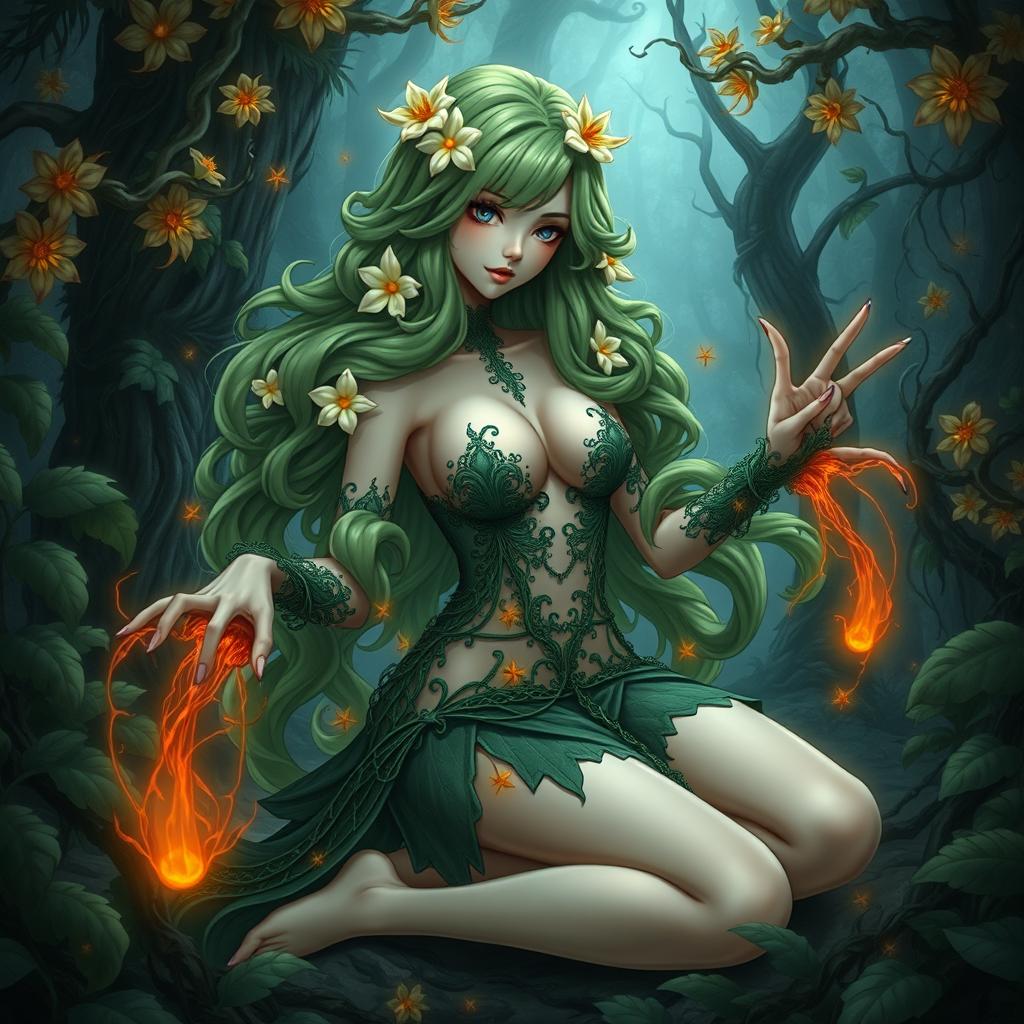 A striking gothic dominant anime plant girl with an enchanting figure, featuring big breasts and thick thighs