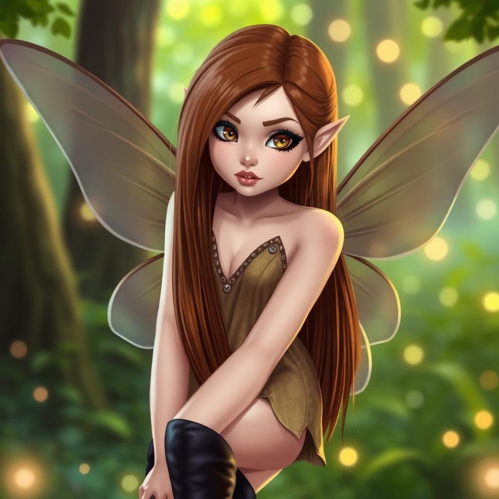 A female fairy with enchanting brown eyes and straight long brown hair, styled elegantly