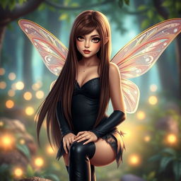 A female fairy with enchanting brown eyes and straight long brown hair, styled elegantly