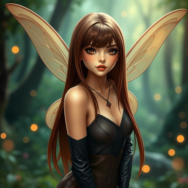 A female fairy with enchanting brown eyes and straight long brown hair, styled elegantly