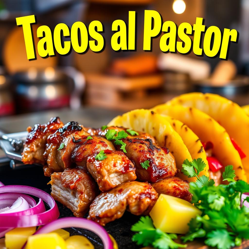 A vibrant and inviting scene depicting the preparation of authentic Tacos al Pastor