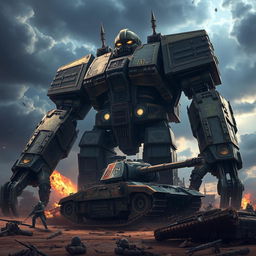 A colossal Warhammer titan towering over a battlefield, with intricate armor details, glowing runes and weapons