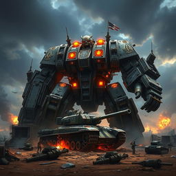 A colossal Warhammer titan towering over a battlefield, with intricate armor details, glowing runes and weapons