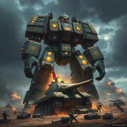 A colossal Warhammer titan towering over a battlefield, with intricate armor details, glowing runes and weapons
