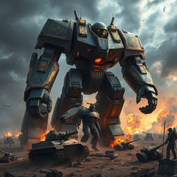 A colossal Warhammer titan towering over a battlefield, with intricate armor details, glowing runes and weapons