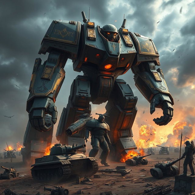 A colossal Warhammer titan towering over a battlefield, with intricate armor details, glowing runes and weapons