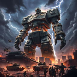 A colossal Warhammer Titan from Shingeki no Kyojin, towering over a devastated cityscape, with intricate details of its stone-like armor and the combat-ready stance it takes