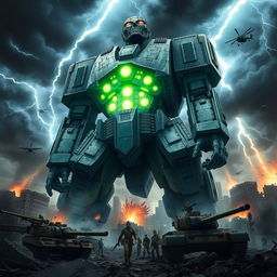 A colossal Warhammer Titan from Shingeki no Kyojin, towering over a devastated cityscape, with intricate details of its stone-like armor and the combat-ready stance it takes