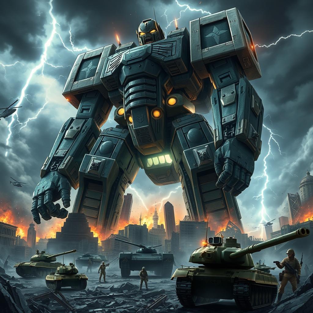 A colossal Warhammer Titan from Shingeki no Kyojin, towering over a devastated cityscape, with intricate details of its stone-like armor and the combat-ready stance it takes