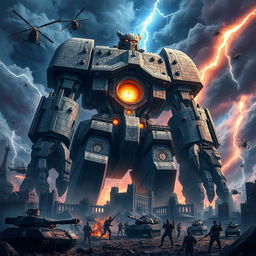 A colossal Warhammer Titan from Shingeki no Kyojin, towering over a devastated cityscape, with intricate details of its stone-like armor and the combat-ready stance it takes