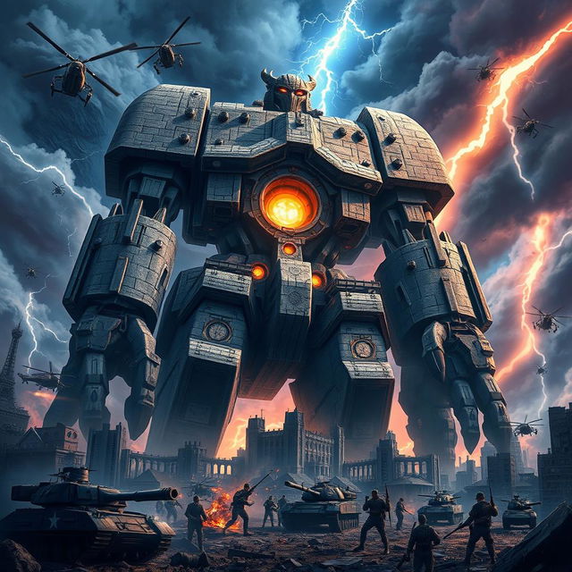 A colossal Warhammer Titan from Shingeki no Kyojin, towering over a devastated cityscape, with intricate details of its stone-like armor and the combat-ready stance it takes