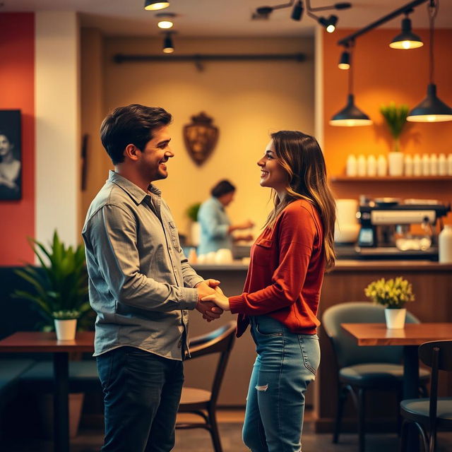 A warm and intimate scene featuring two people holding hands, smiling at each other in a cozy café setting