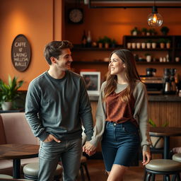 A warm and intimate scene featuring two people holding hands, smiling at each other in a cozy café setting