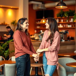 A warm and intimate scene featuring two people holding hands, smiling at each other in a cozy café setting