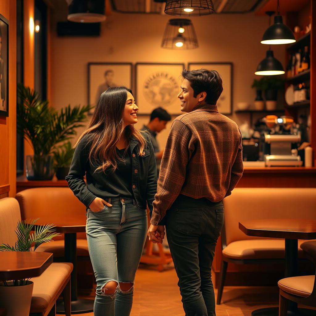 A warm and intimate scene featuring two people holding hands, smiling at each other in a cozy café setting