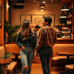 A warm and intimate scene featuring two people holding hands, smiling at each other in a cozy café setting
