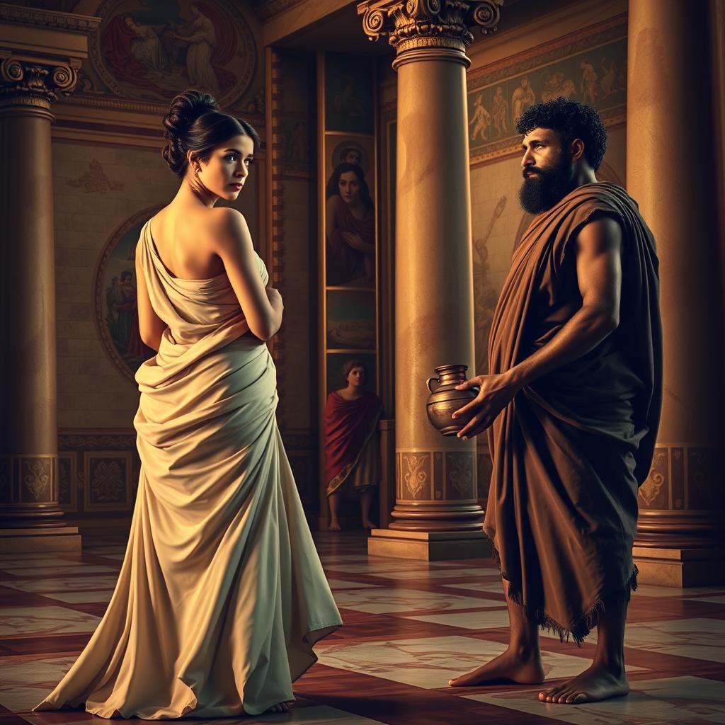 A scene in ancient Rome depicting a Roman woman in a flowing toga turning away from her husband in a grand villa, with intricate frescoes and columns in the background