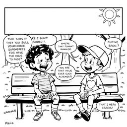 A black and white comic strip featuring two kids engaged in a lively conversation