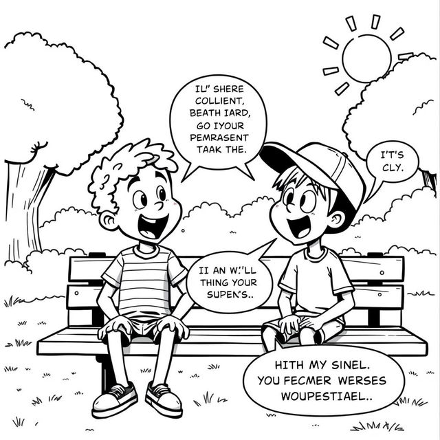 A black and white comic strip featuring two kids engaged in a lively conversation