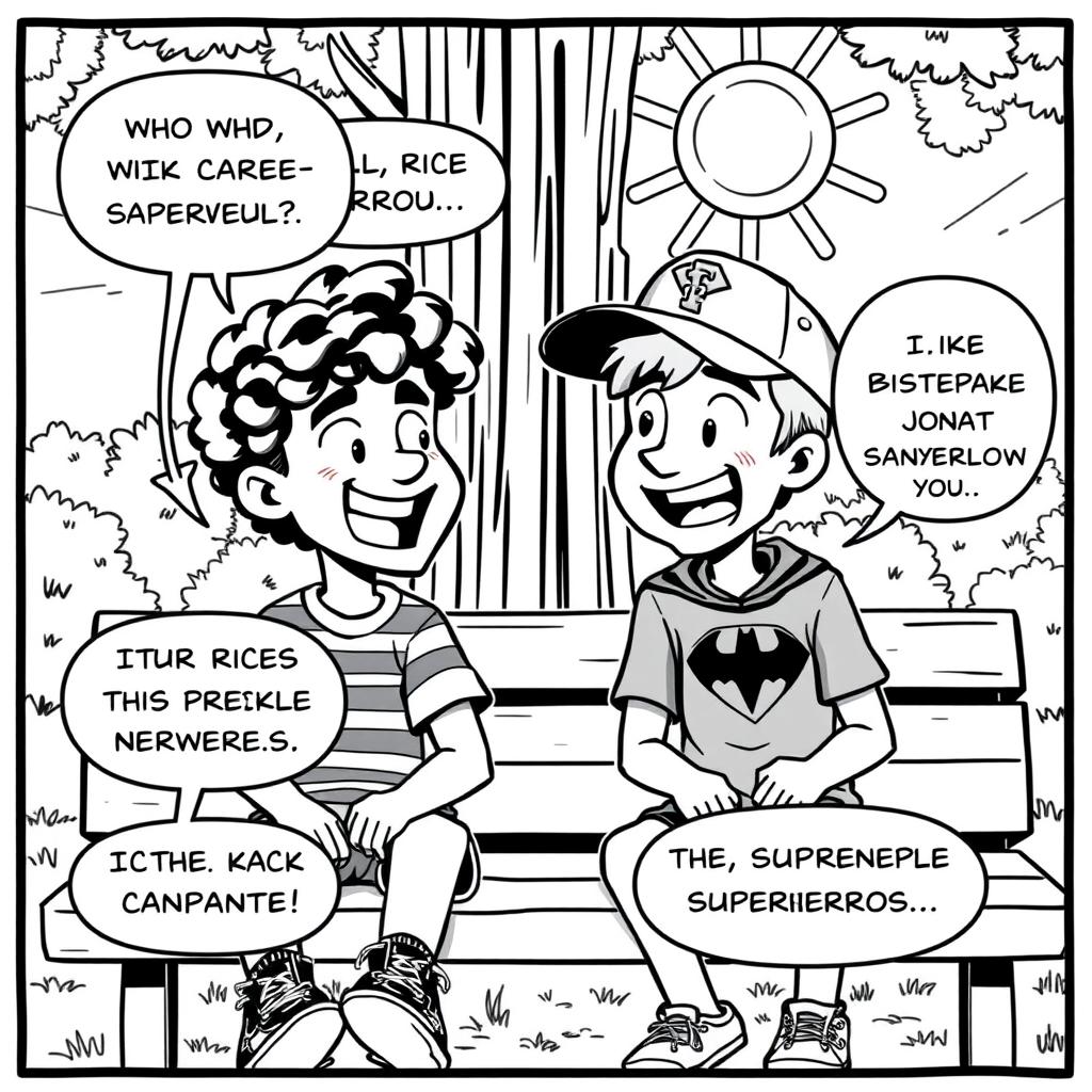 A black and white comic strip featuring two kids engaged in a lively conversation