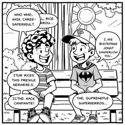 A black and white comic strip featuring two kids engaged in a lively conversation