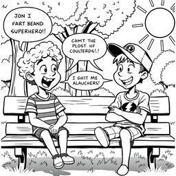A black and white comic strip featuring two kids engaged in a lively conversation