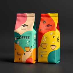 A unique coffee packaging design featuring a modern, artistic approach with vibrant, eye-catching colors