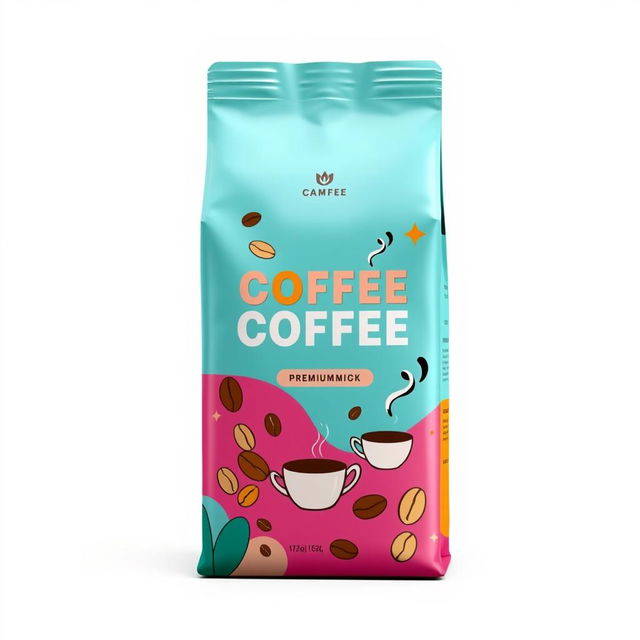 A unique coffee packaging design featuring a modern, artistic approach with vibrant, eye-catching colors